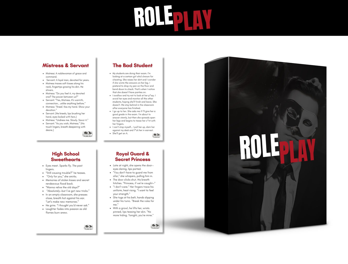 Digital romantic roleplay game with over-the-top flirty challenges and scenarios to improve couple’s connection and sexual intimacy.