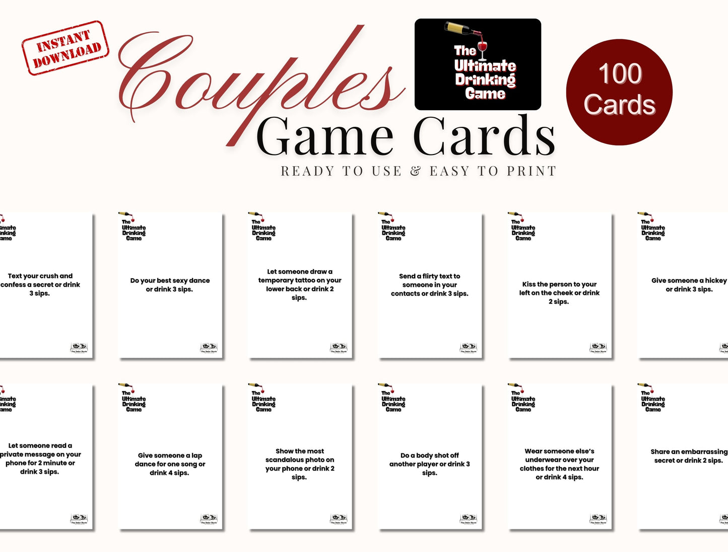 Printable adult drinking game for couples, perfect for romantic evenings, foreplay, or bachelorette parties with a kinky twist.