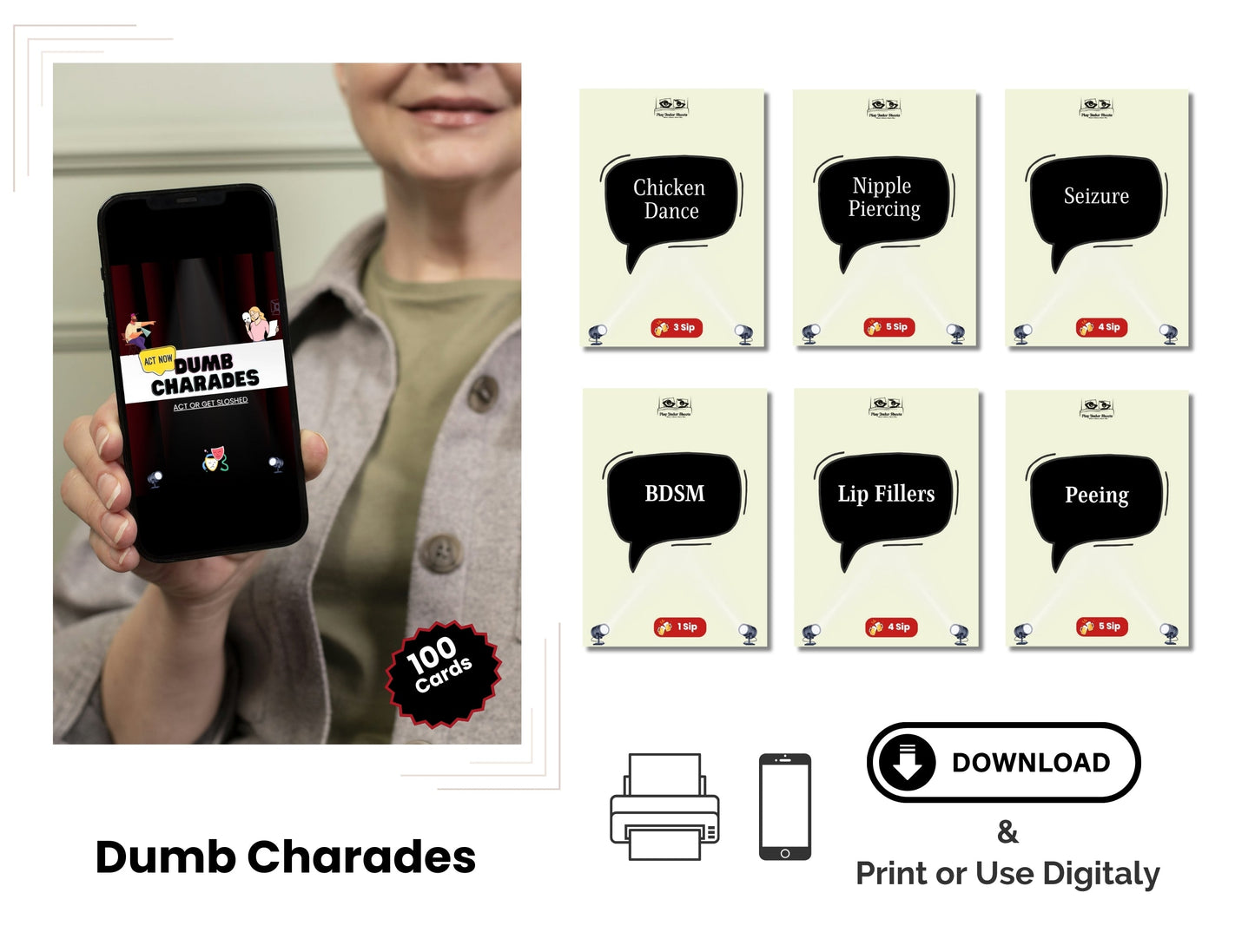 “Printable dumb charades card game for friends, family, and adult party fun”