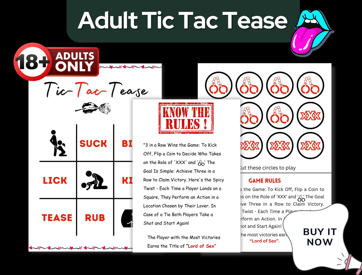 Dirty Tic Tac Toe with romantic challenges, perfect as a sexy gift for birthdays, Pride, or weddings.