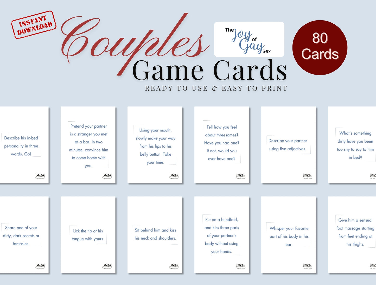 Sexy foreplay card deck for gay couples looking to explore intimacy, passion, and playful challenges together