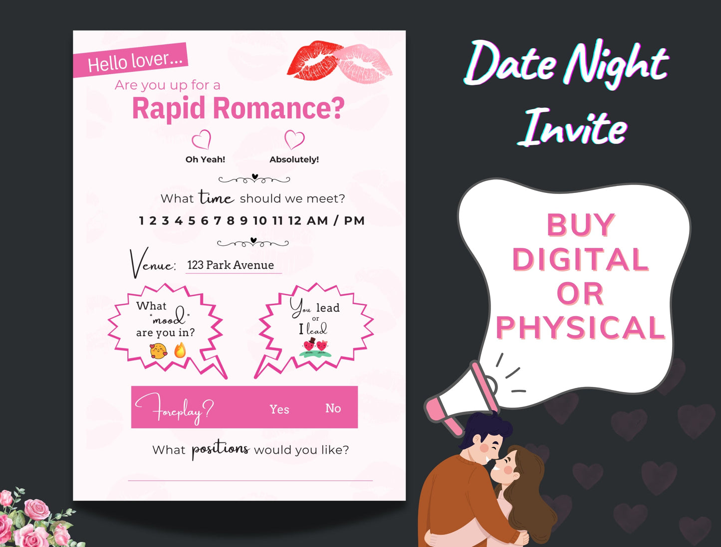 Romantic and spicy digital download invite that sets the mood for couples who crave passion and playful intimacy.