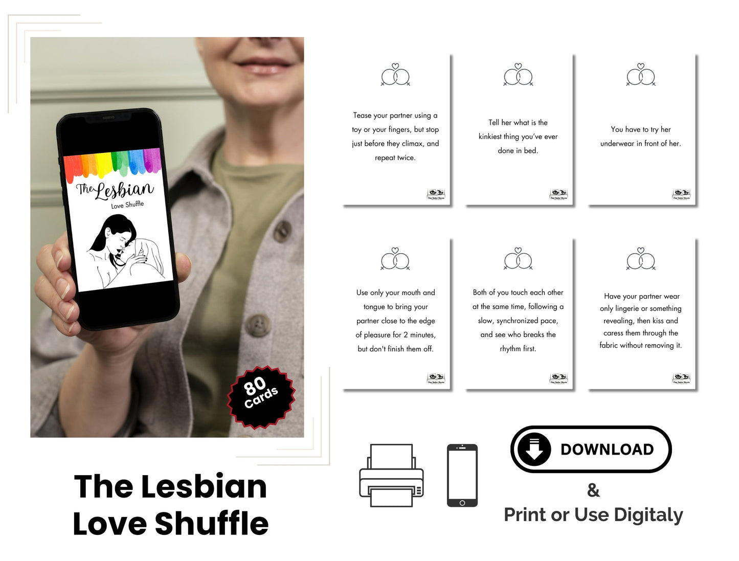 Sexy lesbian couple playing The Lesbian Love Shuffle digital card game for spicy date night fun