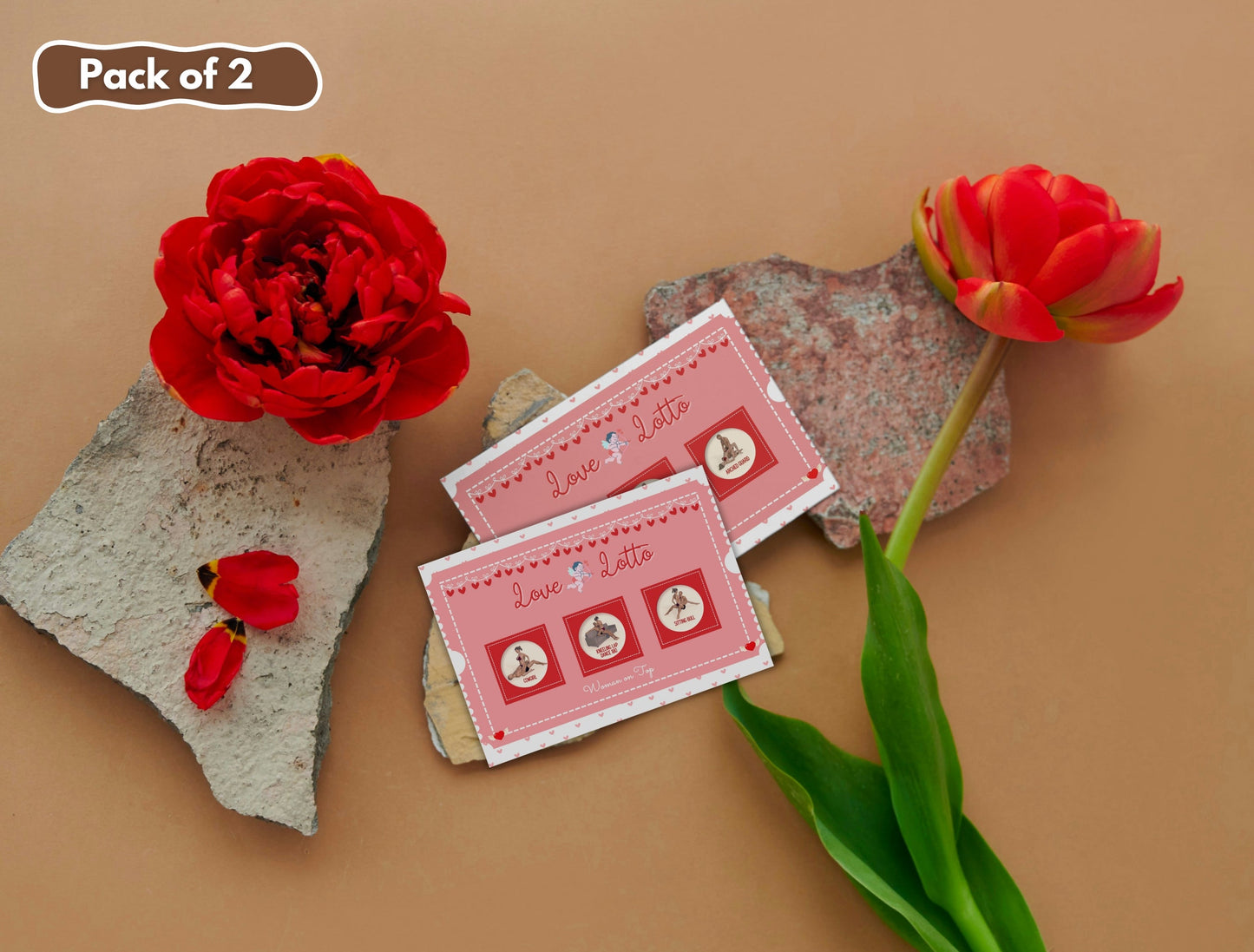 Playful yet intimate adult card game for lovers looking to heat things up in the bedroom.