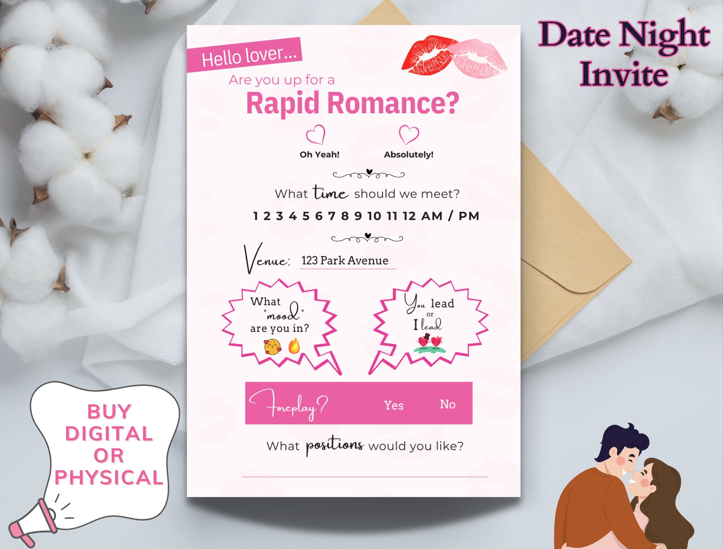 Downloadable sexy digital invitation for couples to spice up their date night with romance, foreplay, and playful surprises.