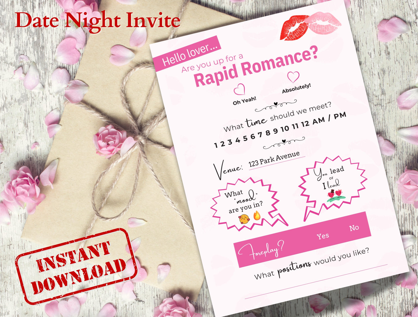 Romantic printable game night invitation for couples looking to explore intimacy, passion, and fun in the bedroom.