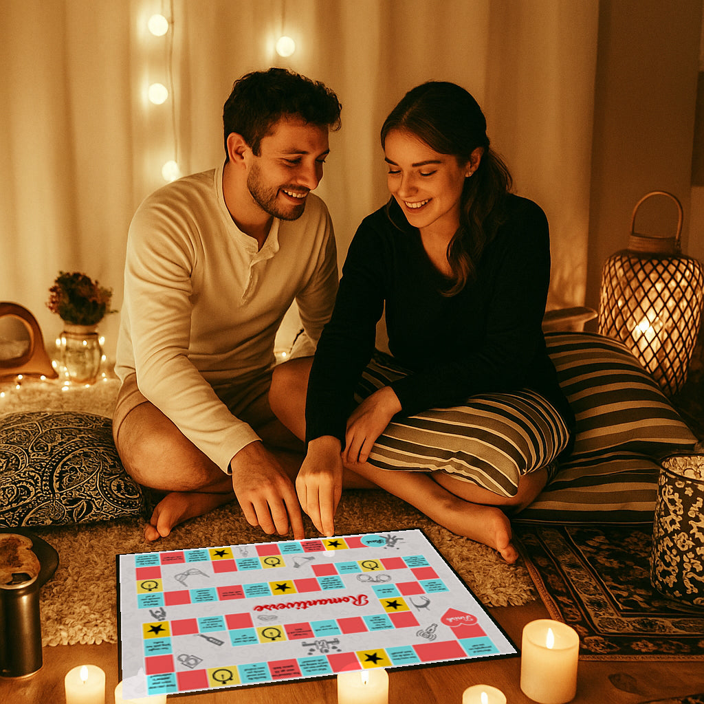 Two women exploring sensuality and connection through the Romantiverse board game in a cozy, romantic setting
