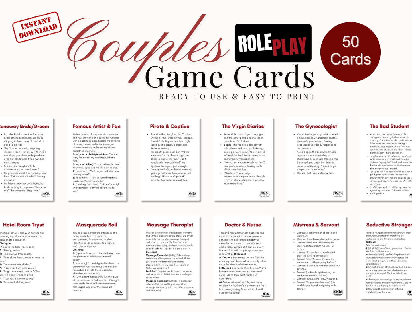 Adult couple’s card game download with spicy roleplay ideas, perfect for Valentine’s Day, anniversaries, or romantic surprises.