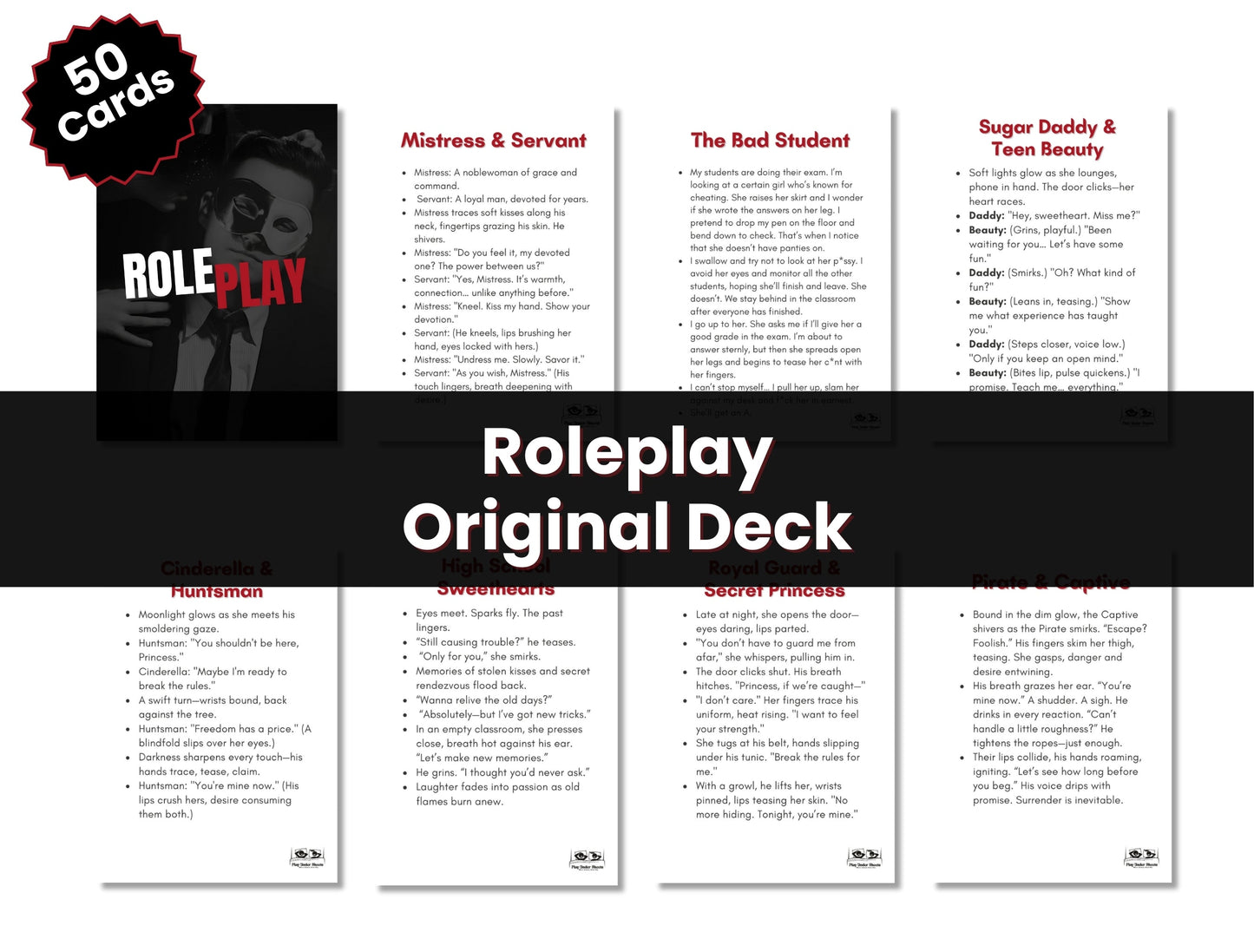 Printable and digital sexy roleplay card deck for lovers looking to heat things up in the bedroom and explore new fantasies together.