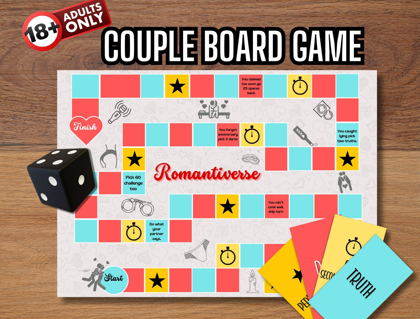 Romantiverse – A romantic board game for couples, designed to spark deep conversations, intimacy, and fun challenges. Perfect for date nights, anniversaries, or relationship bonding.