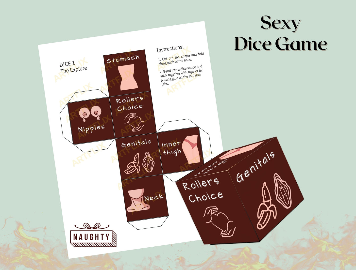 A steamy and playful bedroom game designed to add excitement, foreplay, and intimacy to date nights. Roll the dice to discover fun and naughty actions that spice up your romantic moments."
