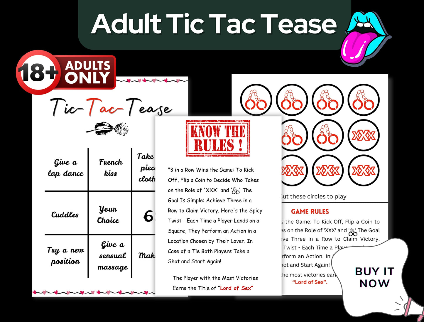 Romantic digital print game that adds excitement and sensual tension to any couple’s game night.