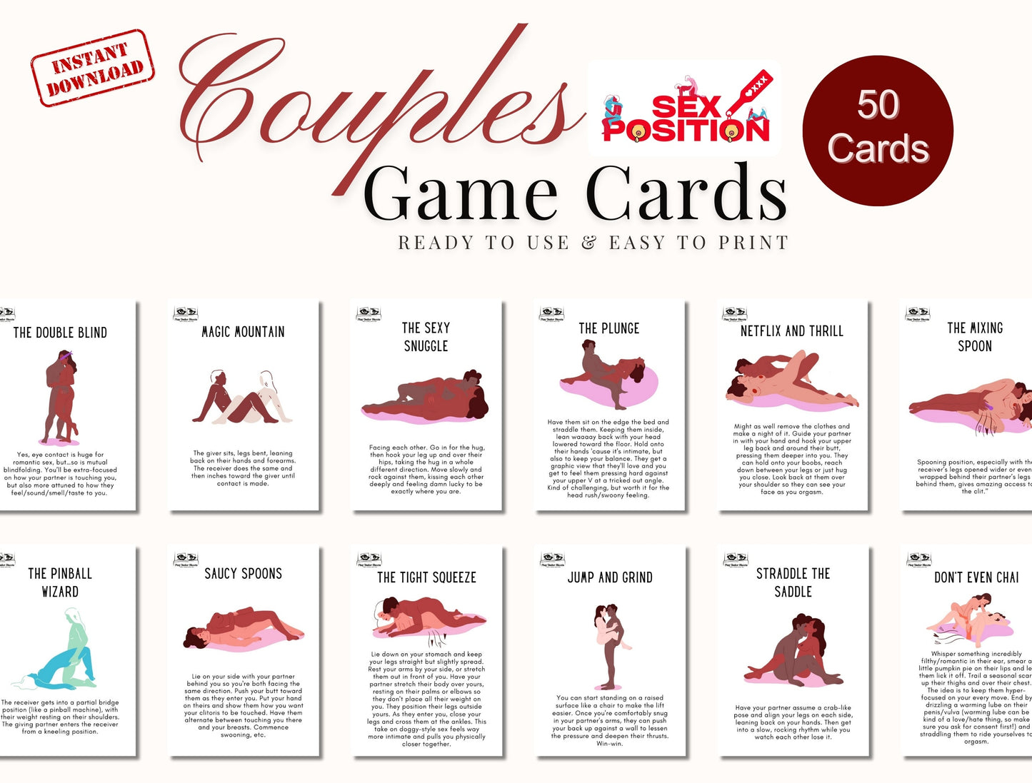 Fun and naughty couple’s card deck with over 50 unique sex positions and challenges – perfect for romantic nights in