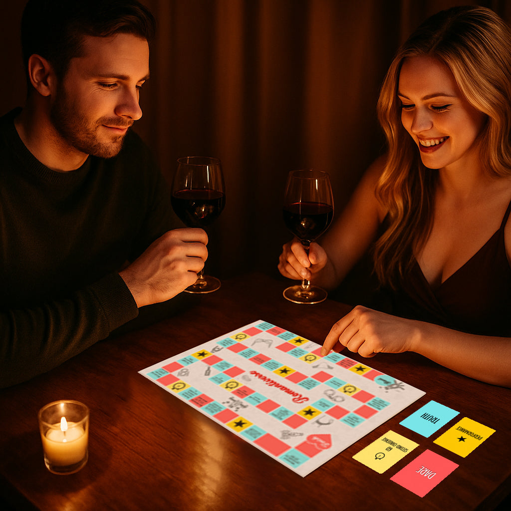 Romantic gay couple playing Romantiverse in bed, using it as a steamy prelude to a passionate evening together