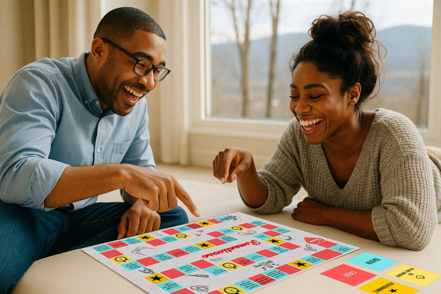 Romantic couple playing Romantiverse spicy board game together during an intimate candlelit date night on bed
