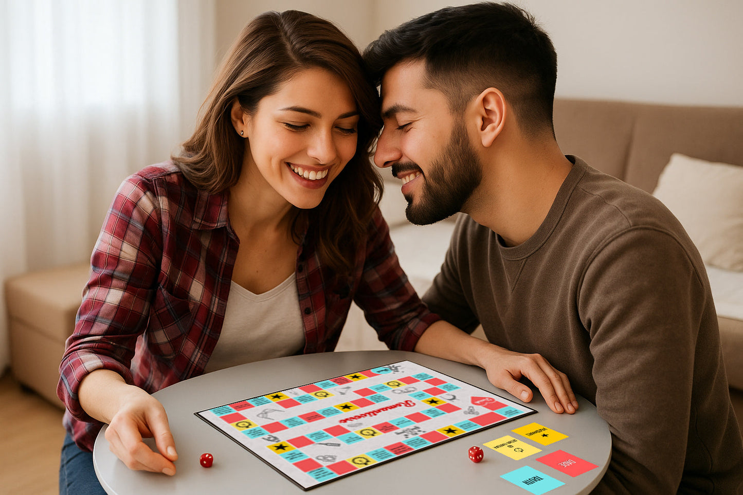 Close-up of Romantiverse game cards spread out with sexy challenges, perfect for an adult couple’s bedroom experience
