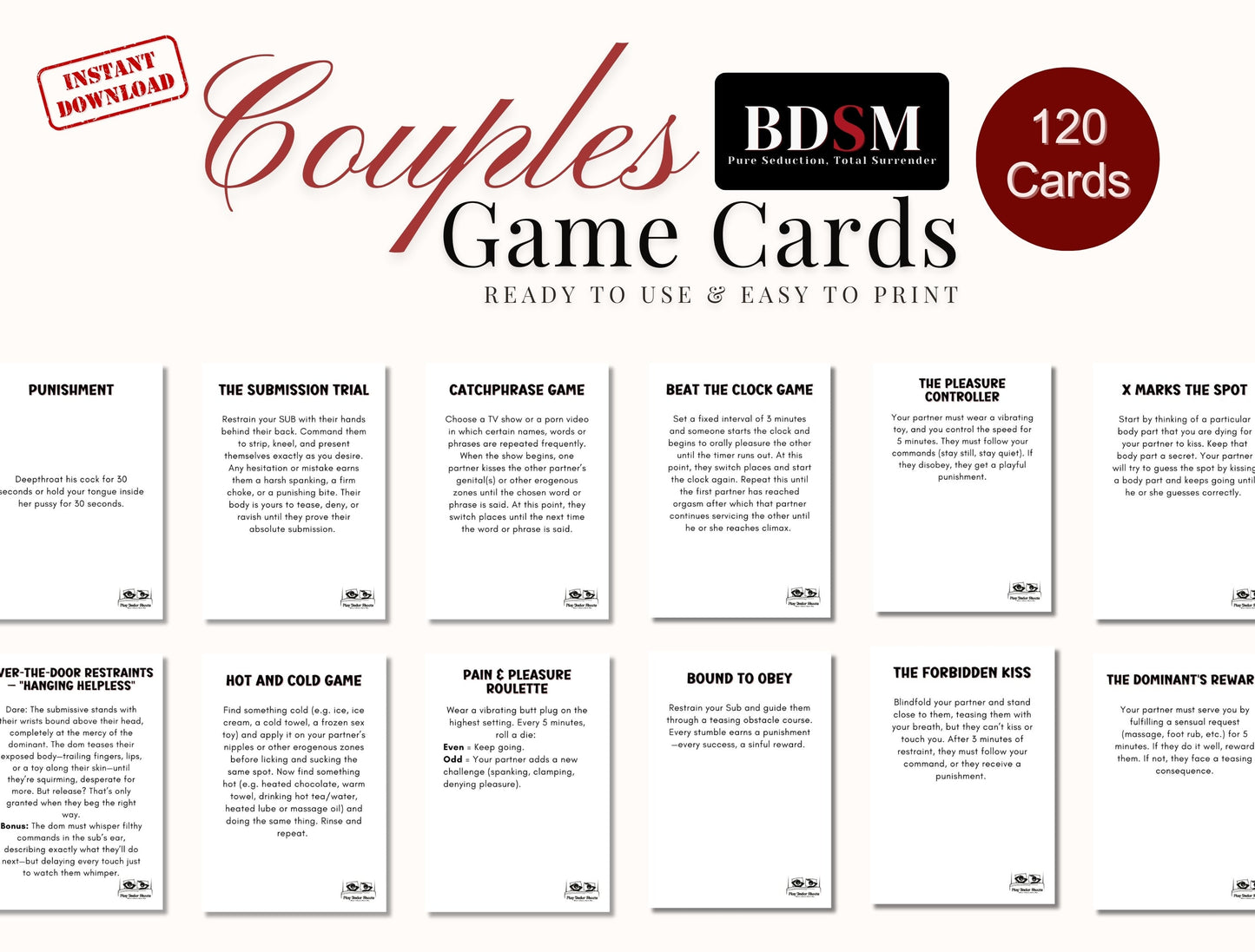 Printable BDSM card deck game for couples looking to spice up their bedroom with foreplay and roleplay