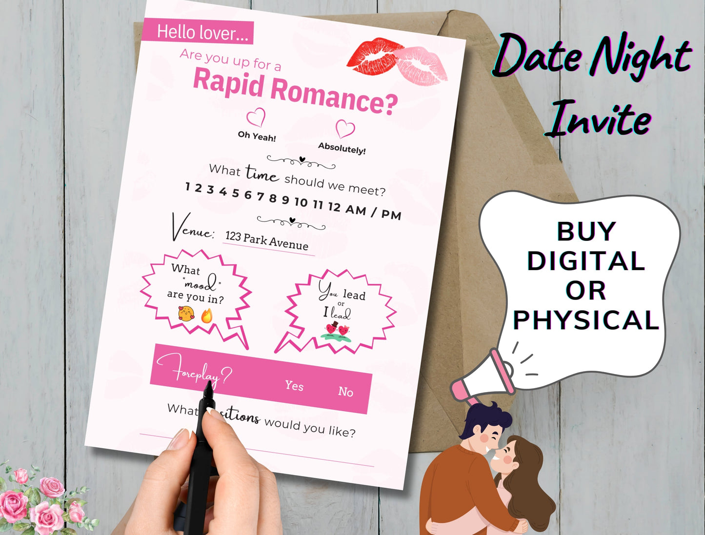 Hot and flirty invitation card designed to kick off a naughty evening filled with love, games, and sexual tension.