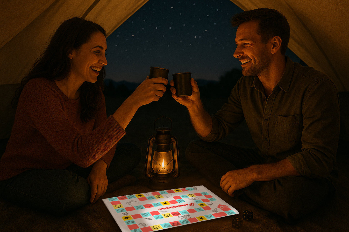 Romantiverse board game set up with foreplay, role play, and BDSM cards as part of a couple’s date night box