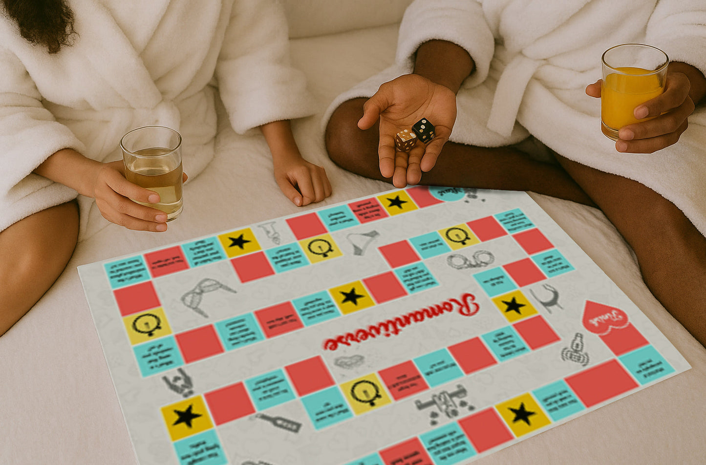 Lesbian partners smiling and laughing while enjoying the Romantiverse card game as a fun foreplay activity