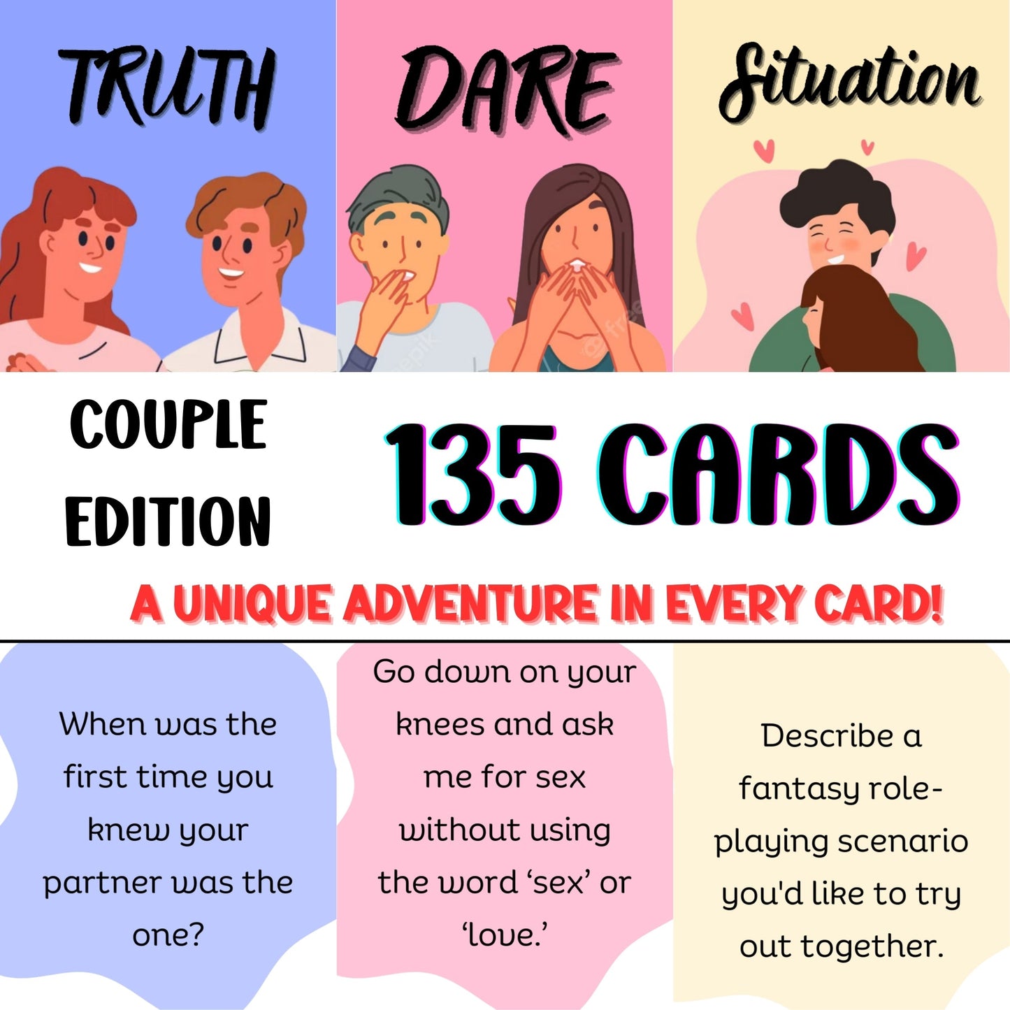 Truth & Dare card game for adults – a fun and flirty game for couples, parties, and date nights. Includes bold dares, deep questions, and exciting challenges to spice up any occasion.