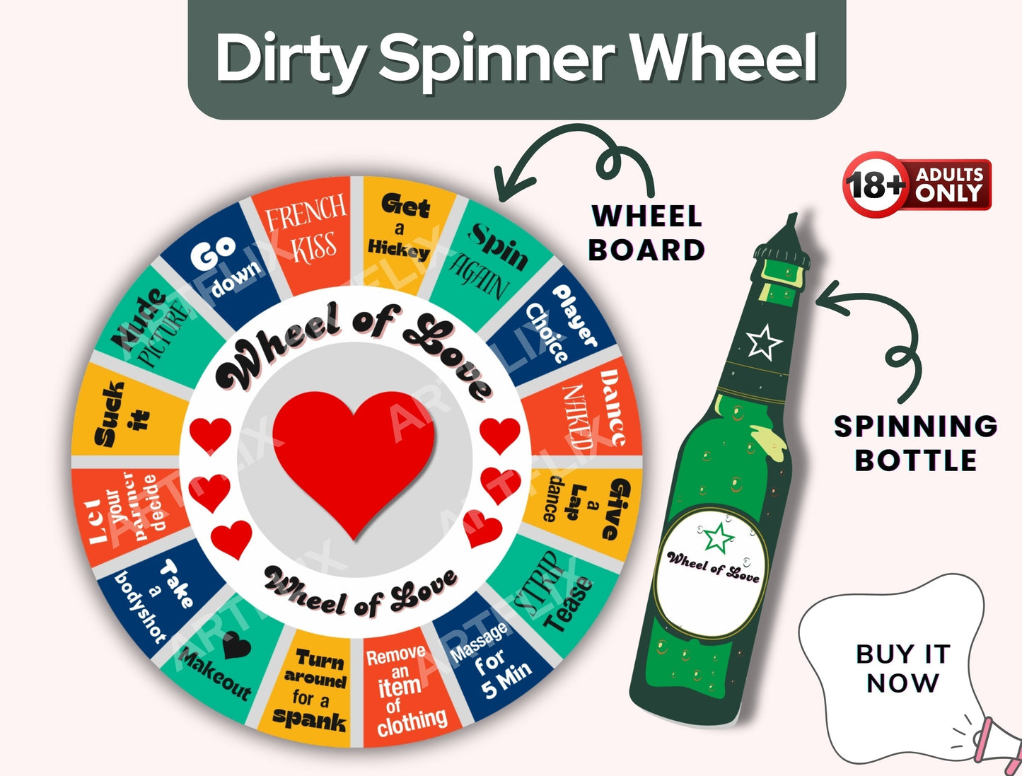 Wheel of Love β the perfect adult party game! A fun, flirty, and wild spinner game that combines intimacy, drinking challenges, and naughty dares. Ideal for bachelorette parties, couples' game nights, and fun over-18 gatherings!