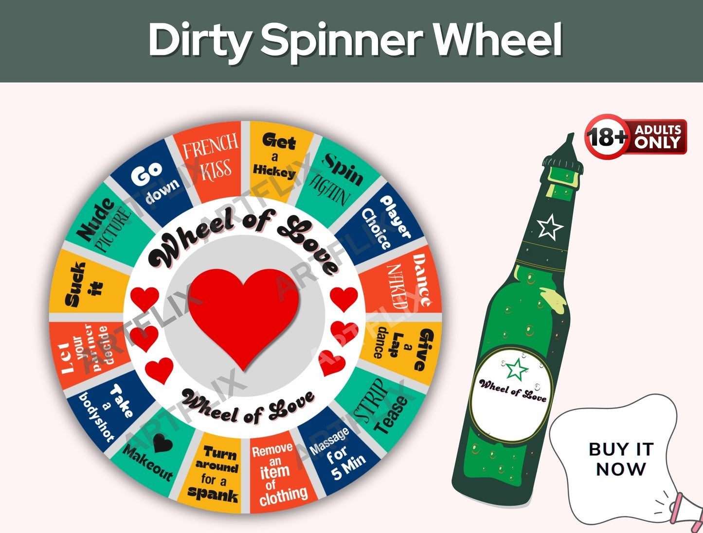 Spice up your relationship with the Wheel of Love intimacy game! A romantic spinner board game designed for couples looking to enhance their connection, explore sensual foreplay, and enjoy a passionate night together.
