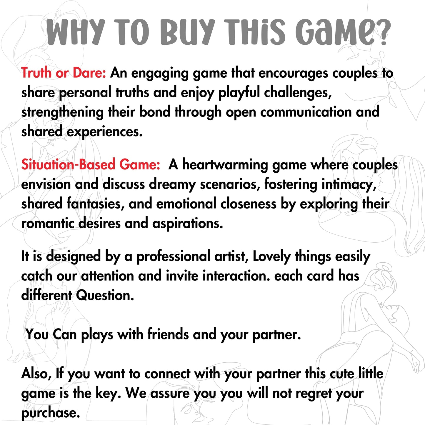 Kinky Truth or Dare deck – a seductive and fun game designed for couples looking to spice up their relationship. Perfect for foreplay, intimate connection, and late-night fun.