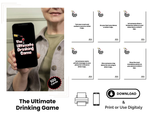 Digital drinking game card deck for couples looking to spice up their date nights with fun, naughty challenges and sexy conversation starters.