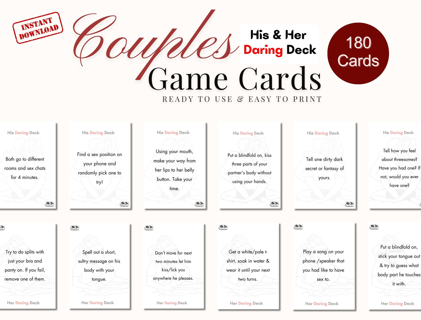“Printable card game for couples who want to connect, flirt, and spice up the bedroom”