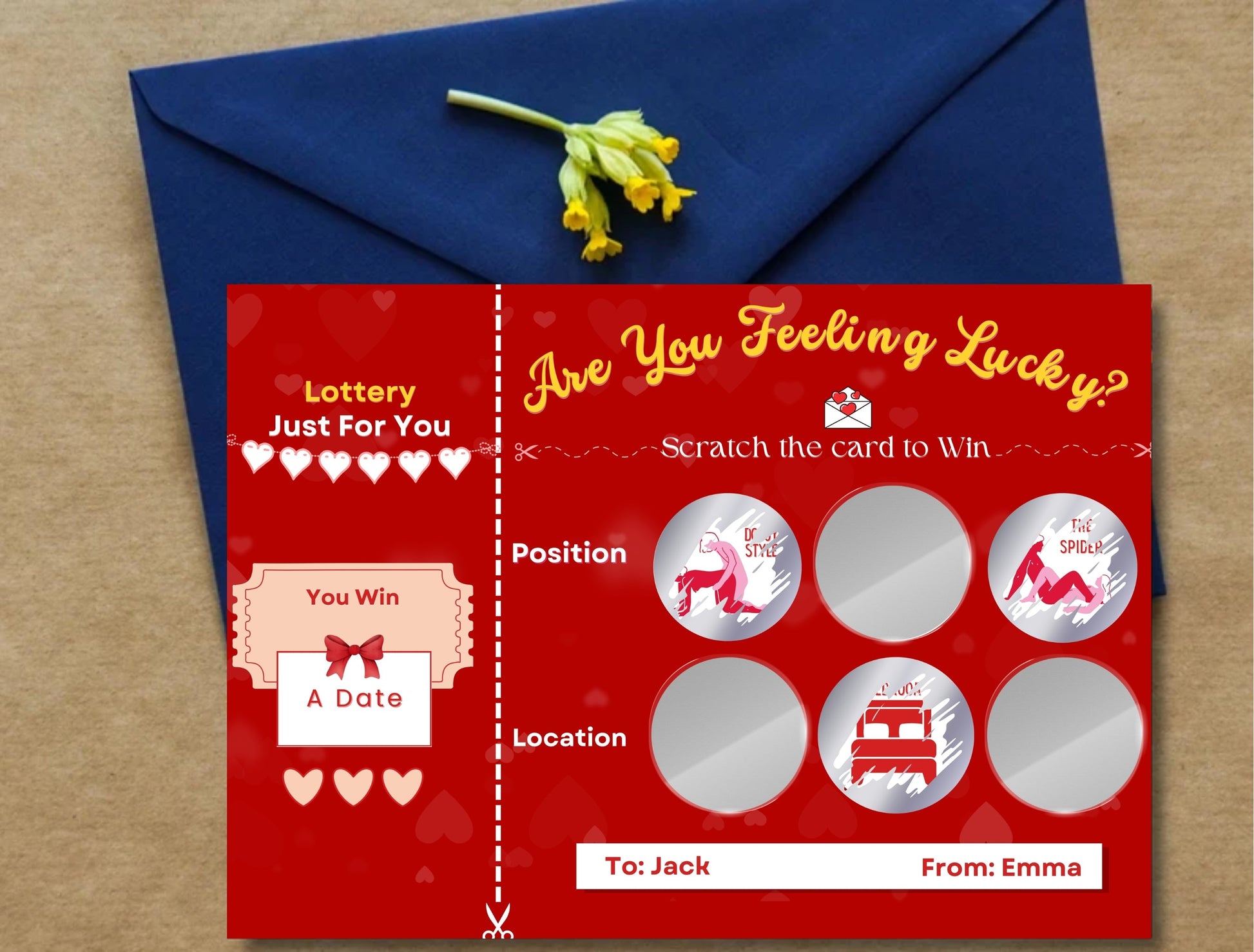 Creative and naughty game for couples looking to explore their romantic boundaries with fun scratch-off dares.