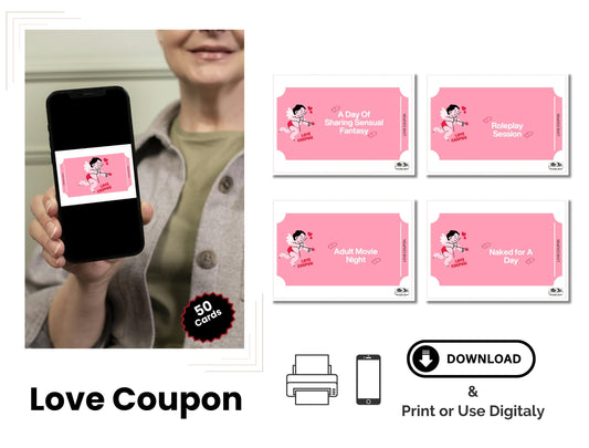 Romantic digital love coupon card game for couples, perfect for Valentine’s Day, anniversaries, or spicy date nights