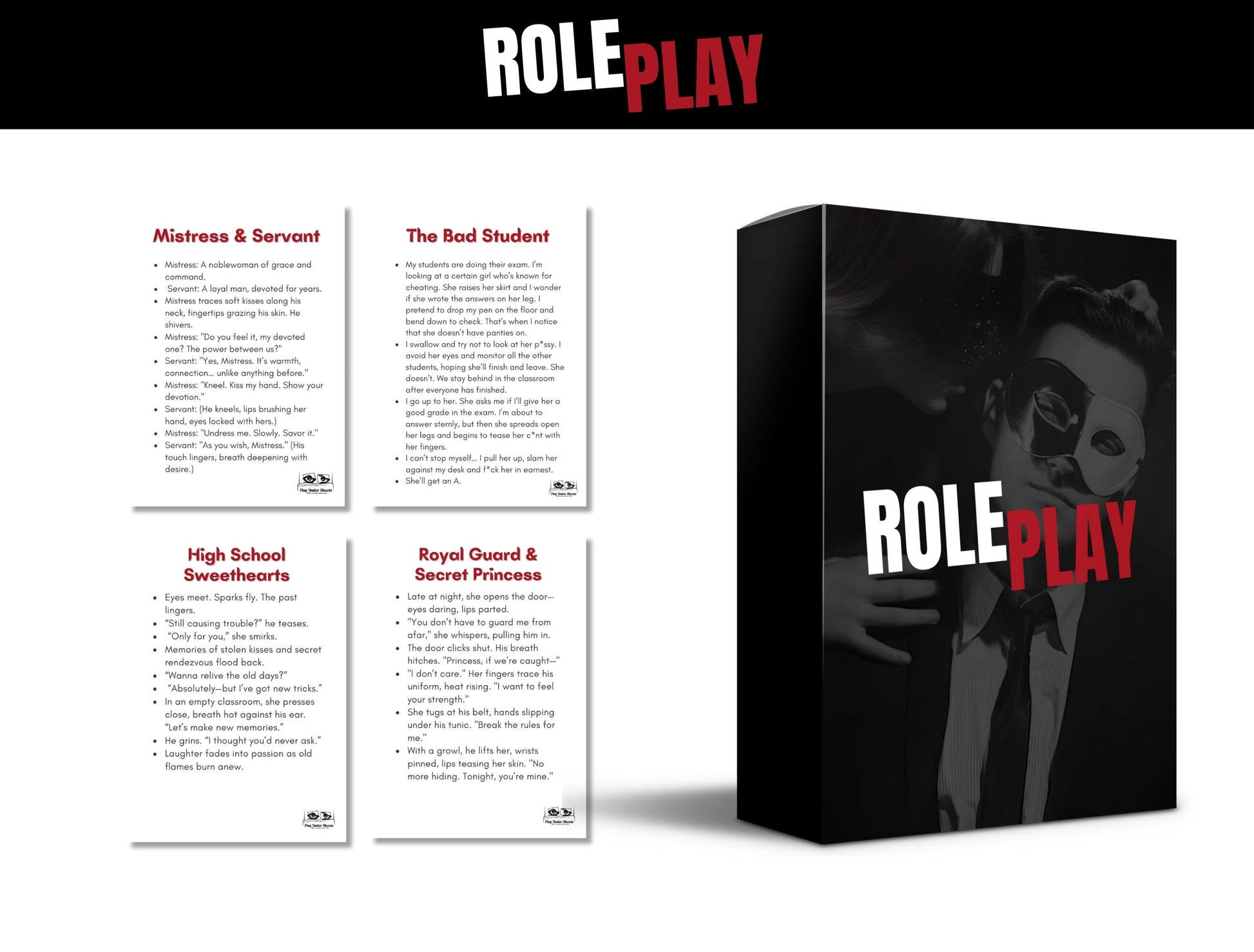 Digital romantic roleplay game with over-the-top flirty challenges and scenarios to improve couple’s connection and sexual intimacy.