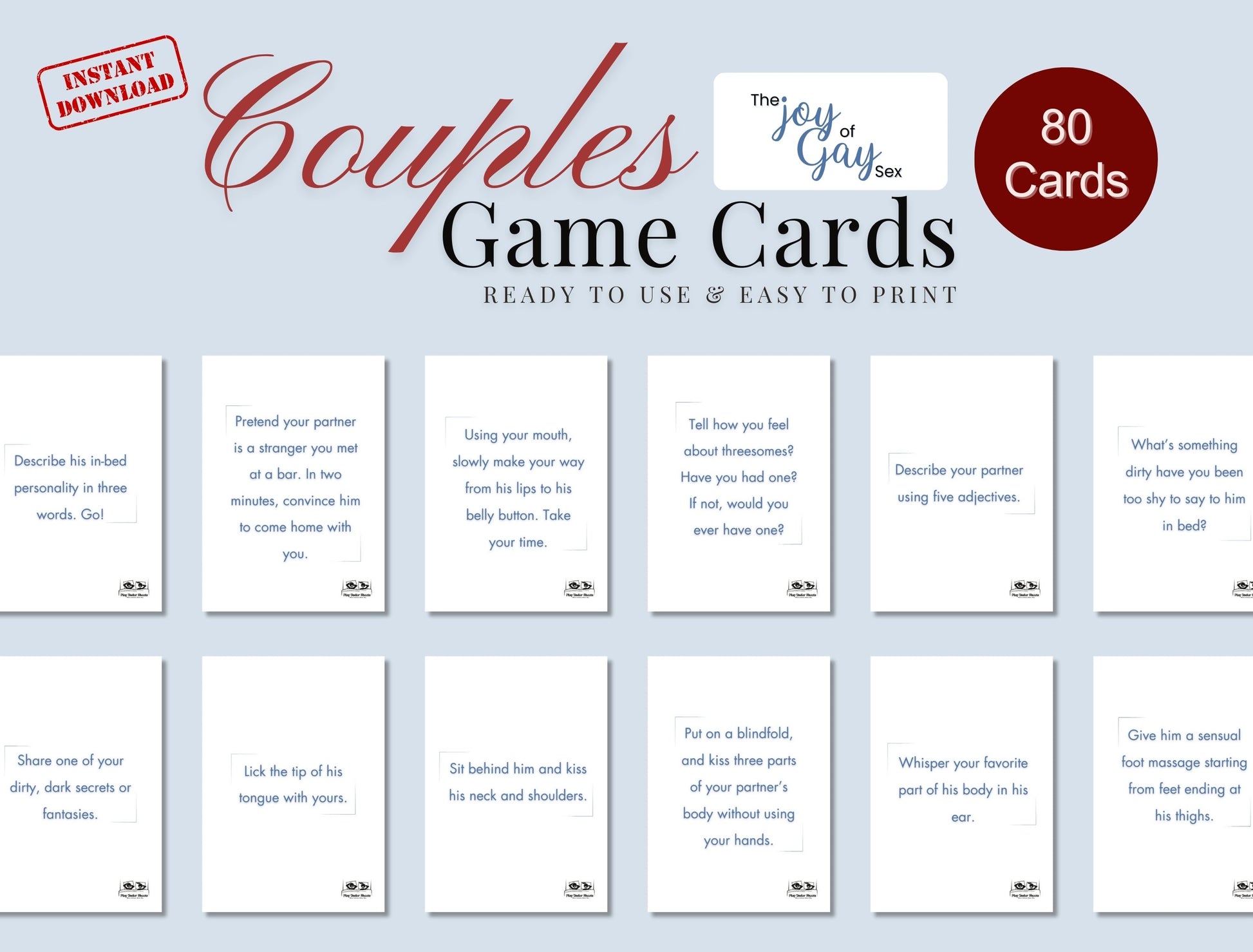 Sexy foreplay card deck for gay couples looking to explore intimacy, passion, and playful challenges together