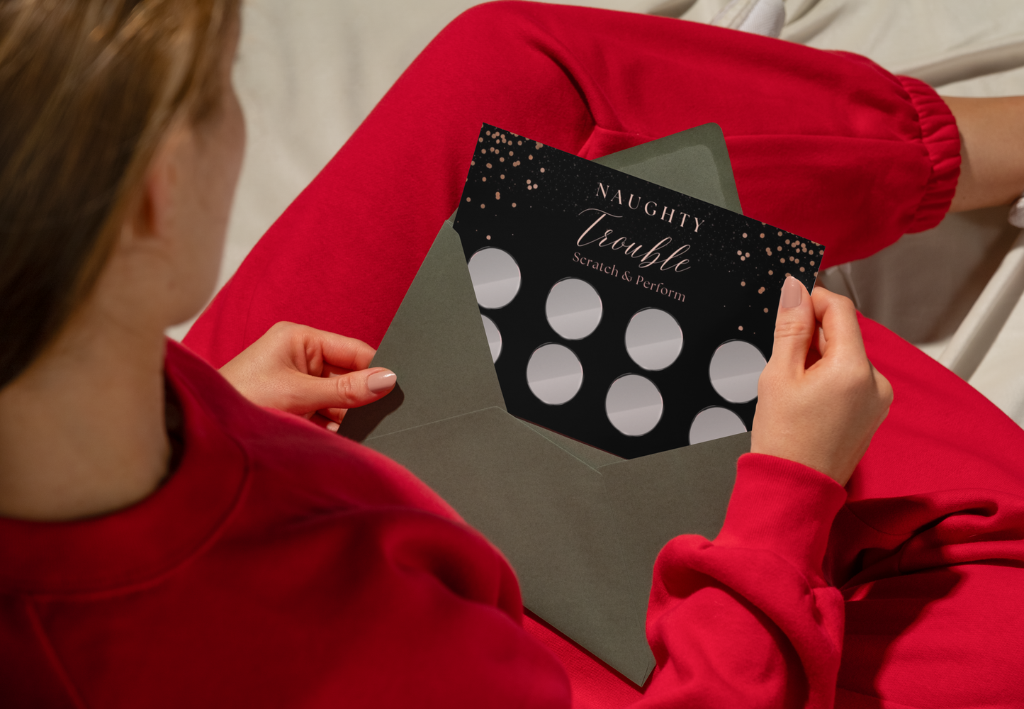 Close-up of Naughty Trouble cards featuring spicy couple challenges, perfect for Valentine’s Day, anniversaries, and bedroom fun.