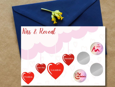 Kiss & Reveal scratch card positioned with candles and rose petals – ideal for seductive night-ins or honeymoon fun.