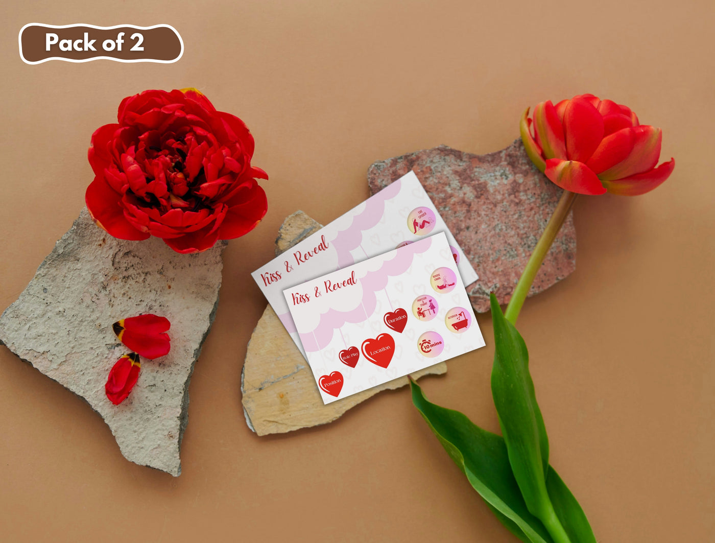 Flirty couple's card game with kiss prompts, sexy positions, and naughty tasks – perfect for adult party games.