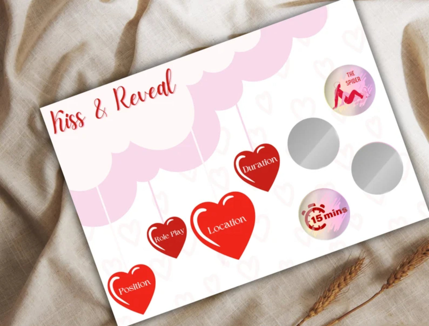 Sensual couples scratch card game shown on a date night setup, ideal for anniversary surprises or birthday celebrations.