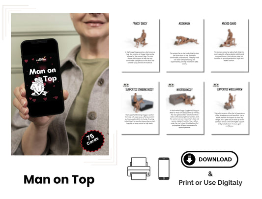 Sexy digital card game for couples called Man on Top, designed to spice up foreplay and enhance bedroom intimacy through fun and flirty challenges.