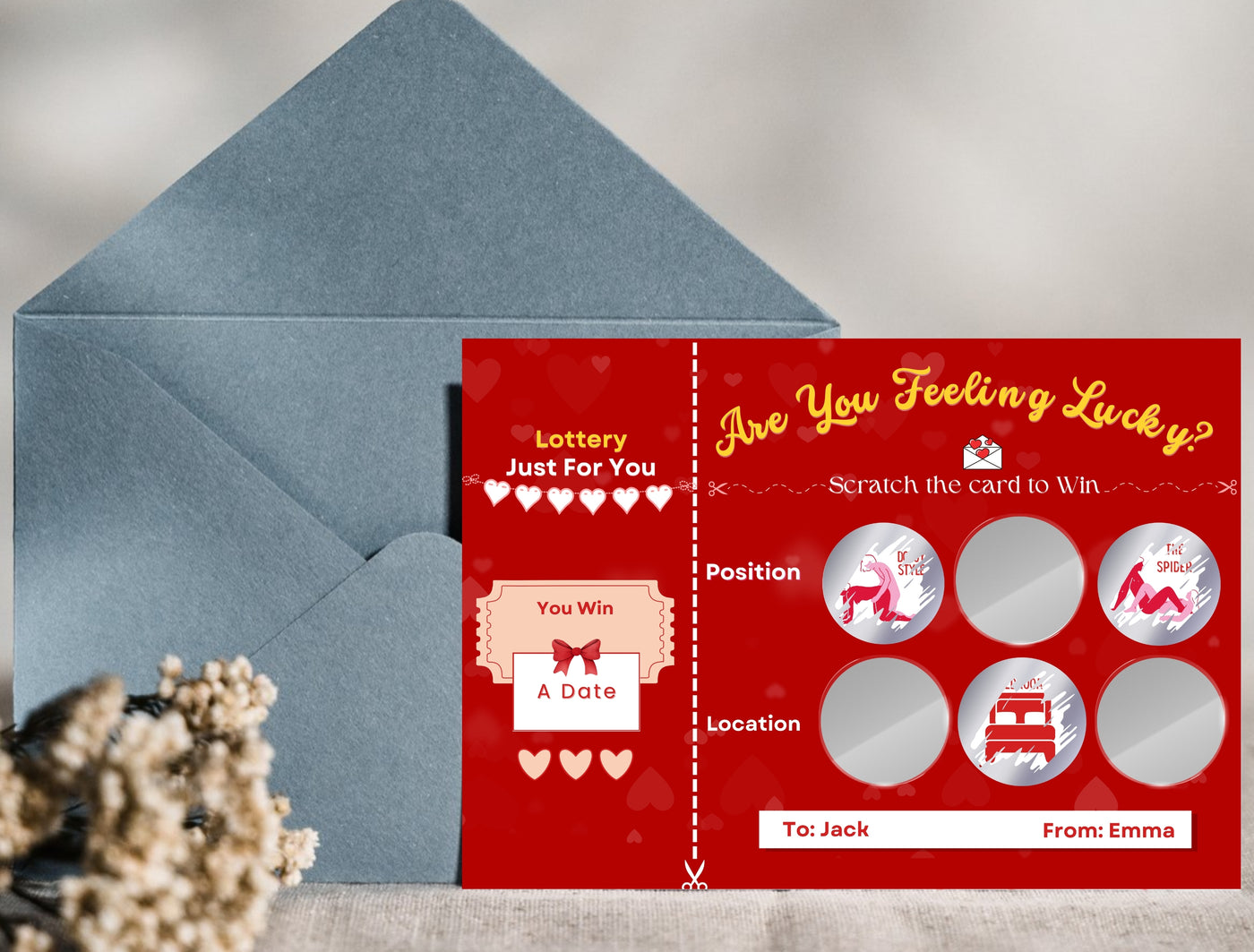 Adult scratch-off date night game filled with surprises to turn up the heat between couples of all kinds.