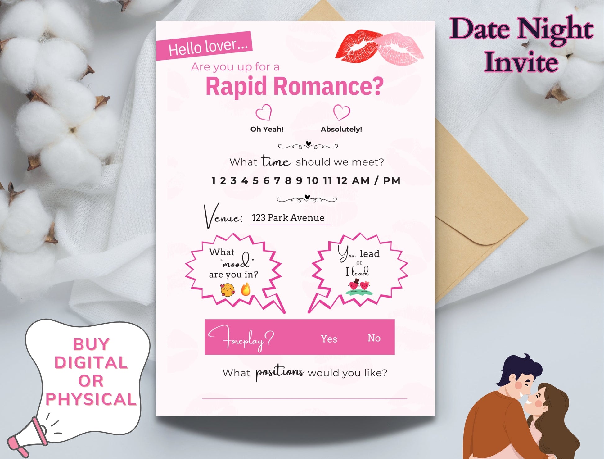 Downloadable sexy digital invitation for couples to spice up their date night with romance, foreplay, and playful surprises.