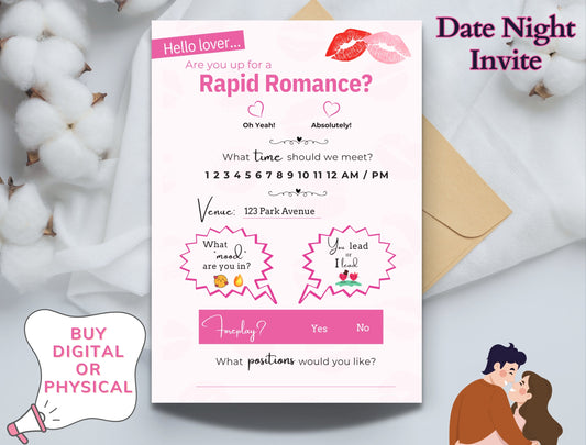 Downloadable sexy digital invitation for couples to spice up their date night with romance, foreplay, and playful surprises.
