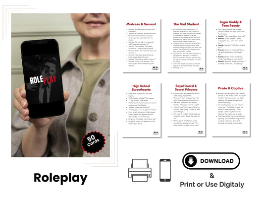 Digital Roleplay card game for couples featuring sexy challenges, romantic dares, and steamy intimacy prompts for unforgettable date nights.