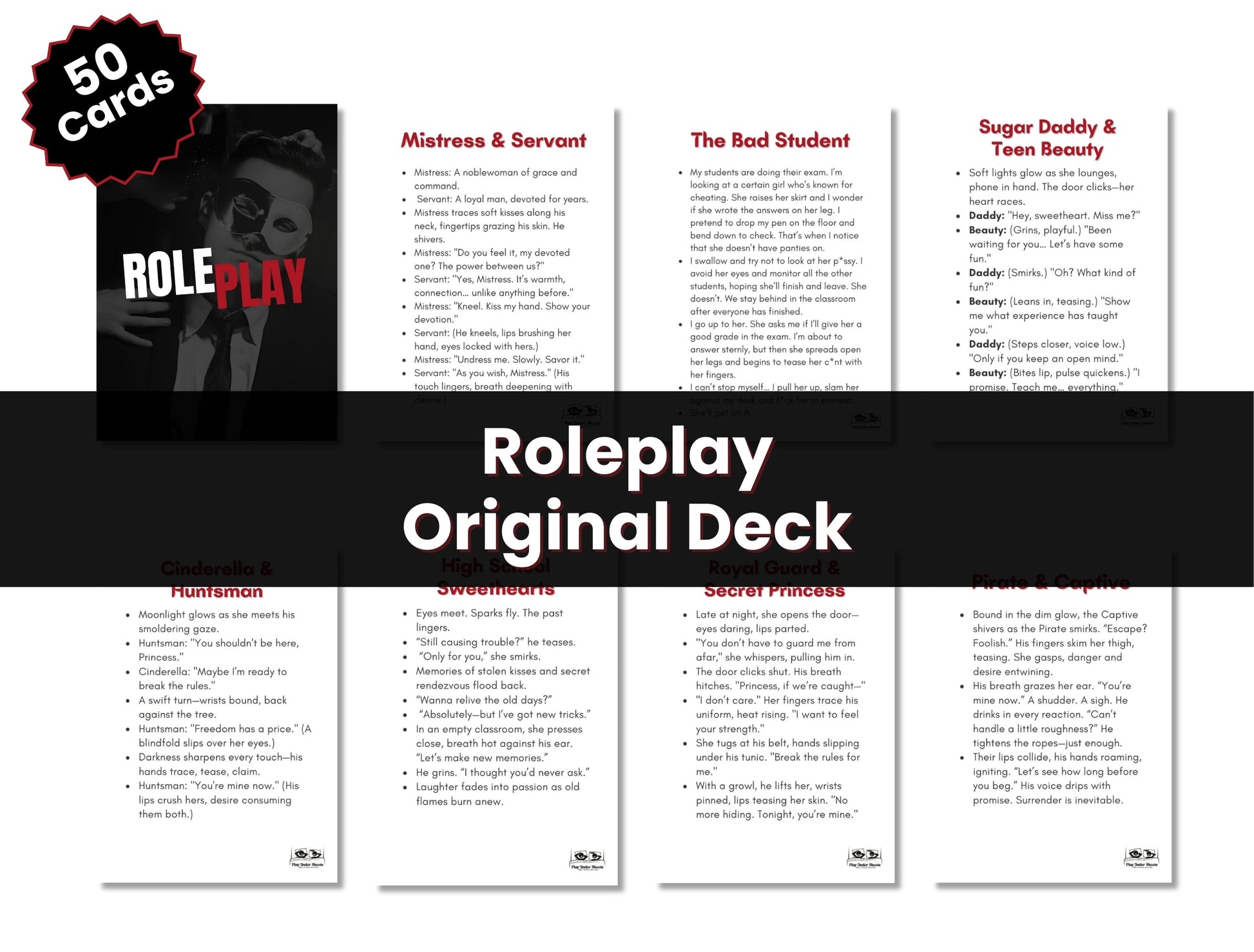 Printable and digital sexy roleplay card deck for lovers looking to heat things up in the bedroom and explore new fantasies together.
