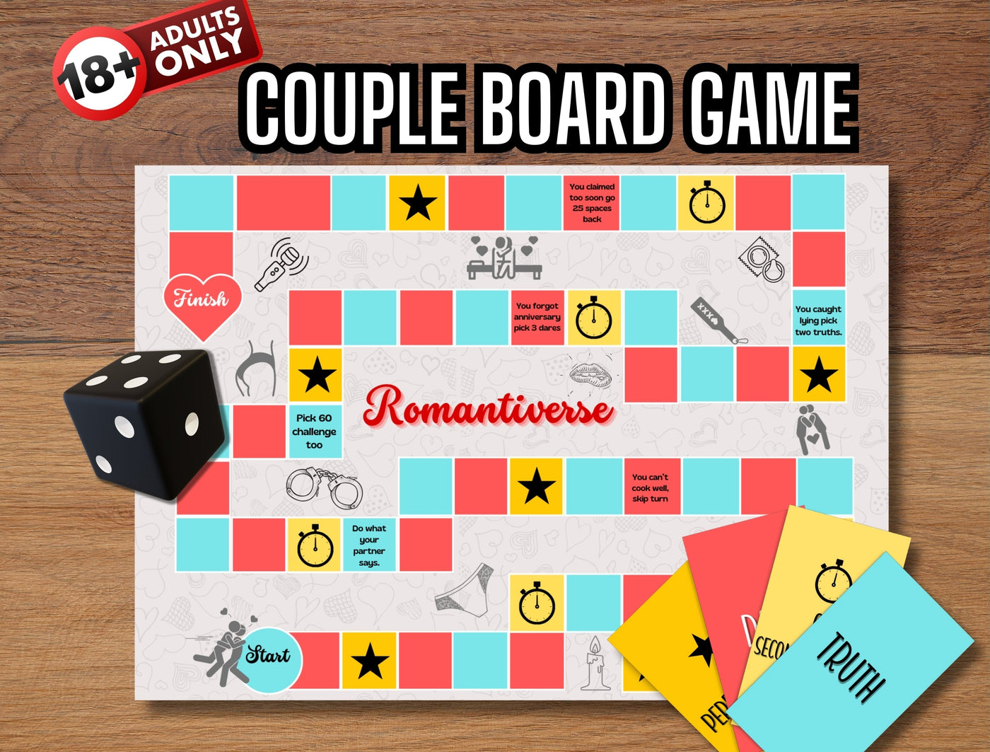 Romantiverse – A romantic board game for couples, designed to spark deep conversations, intimacy, and fun challenges. Perfect for date nights, anniversaries, or relationship bonding.