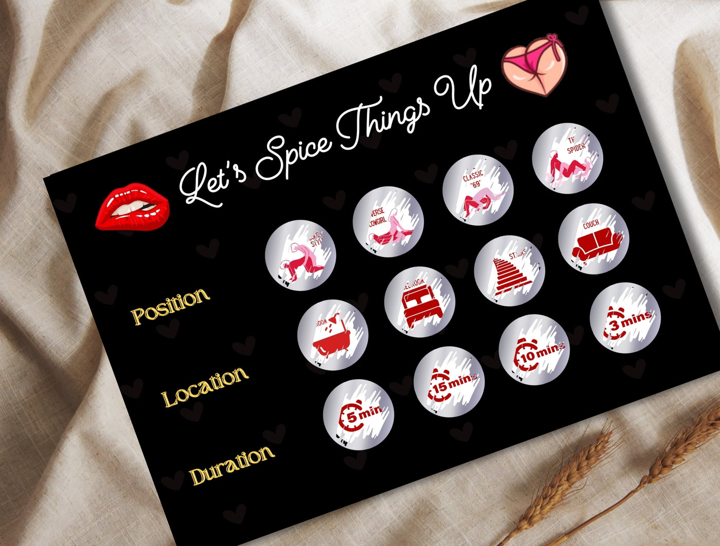 Man and woman teasing each other while playing a flirtatious foreplay scratch card game for couples