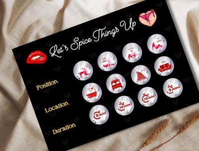 Man and woman teasing each other while playing a flirtatious foreplay scratch card game for couples