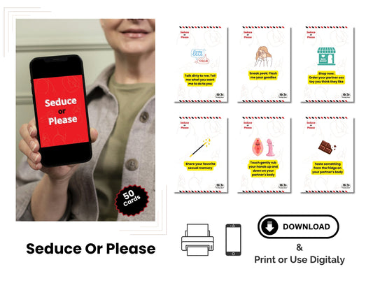Romantic couple playing the Seduce or Please digital card game during an intimate date night at home