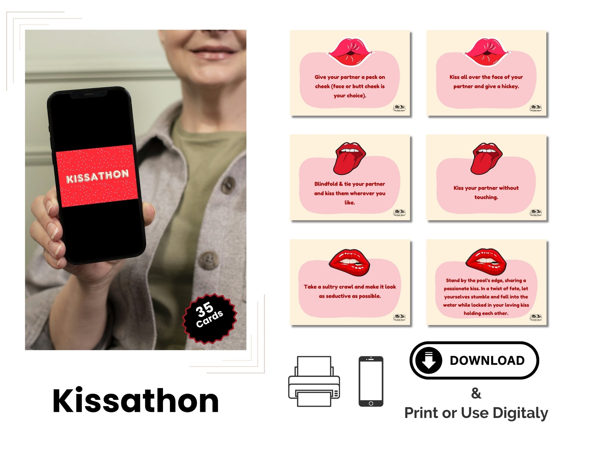 Romantic and naughty digital card game for couples to spice up their date night and explore intimacy.