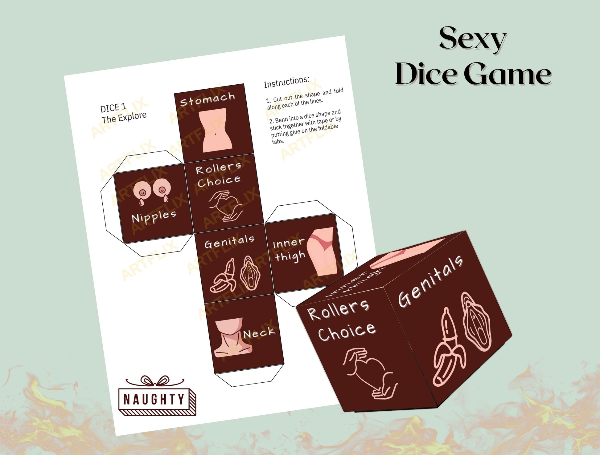 A steamy and playful bedroom game designed to add excitement, foreplay, and intimacy to date nights. Roll the dice to discover fun and naughty actions that spice up your romantic moments."